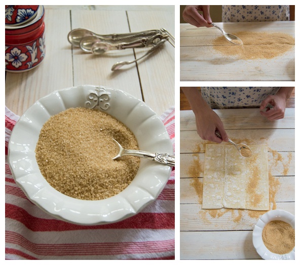 spreading the sugar on the palmiers