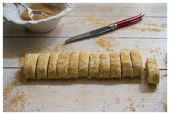 cutting the dough into slices for the palmiers