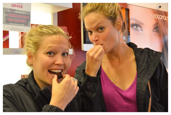 Biff and Annie enjoying chocolates on the Brussels Beer and Chocolate Tour