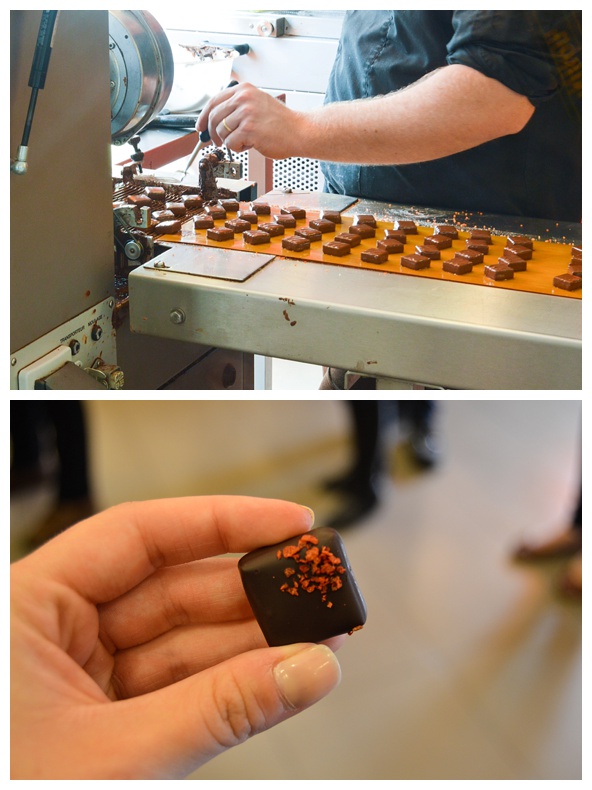 Chocolates being made at Chocopolis Chocolate Factory on the Brussels Beer and Chocolate Tour