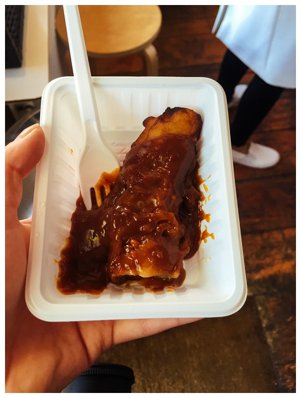 Baked Banana with Peanut Sauce at Swieti Sranang | Eating Amsterdam Food Tour - Jordaan Food and Canals Tour