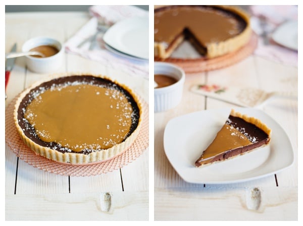 The French Salted Caramel Chocolate Tart next to a slice of the tart.