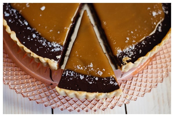 A close up on the slice of French Salted Caramel Chocolate Tart