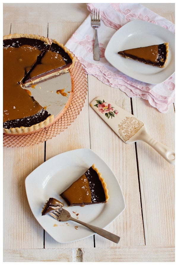 A table with slices of French Salted Caramel Chocolate Tart