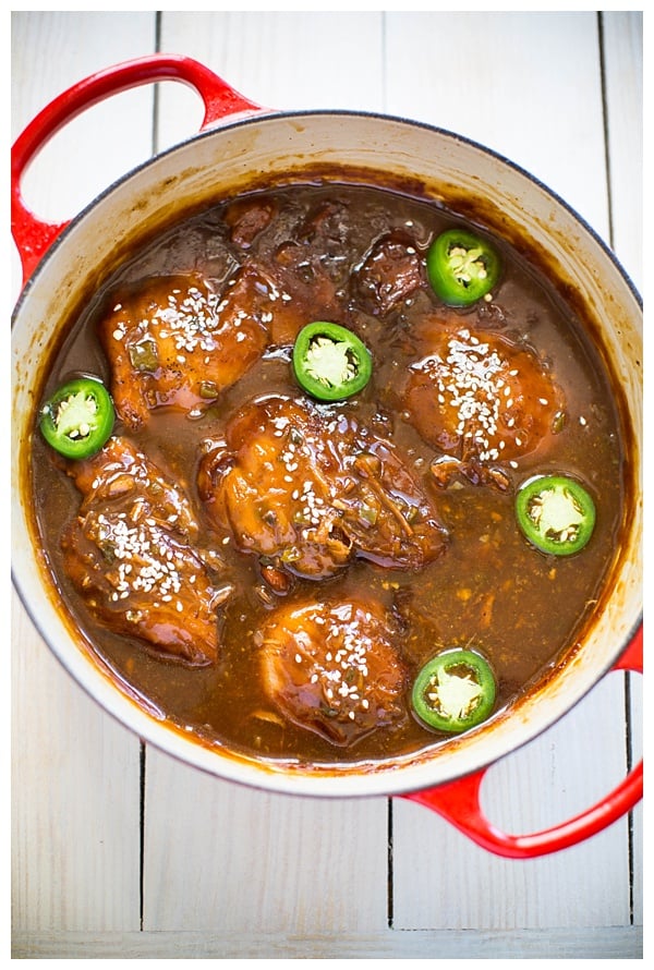 Vietnamese Caramel Chicken -- chicken thighs braised in a sweet and spicy caramel sauce with jalapeños, ginger, and scallions. Serve it with steamed veggies and rice and it's a perfect weeknight dinner. 