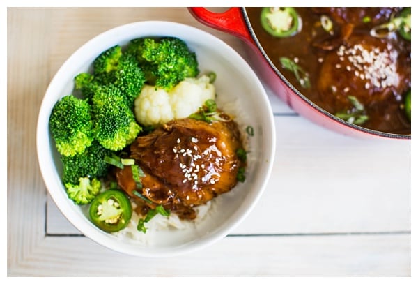 Vietnamese Caramel Chicken -- chicken thighs braised in a sweet and spicy caramel sauce with jalapeños, ginger, and scallions. Serve it with steamed veggies and rice and it's a perfect weeknight dinner. 