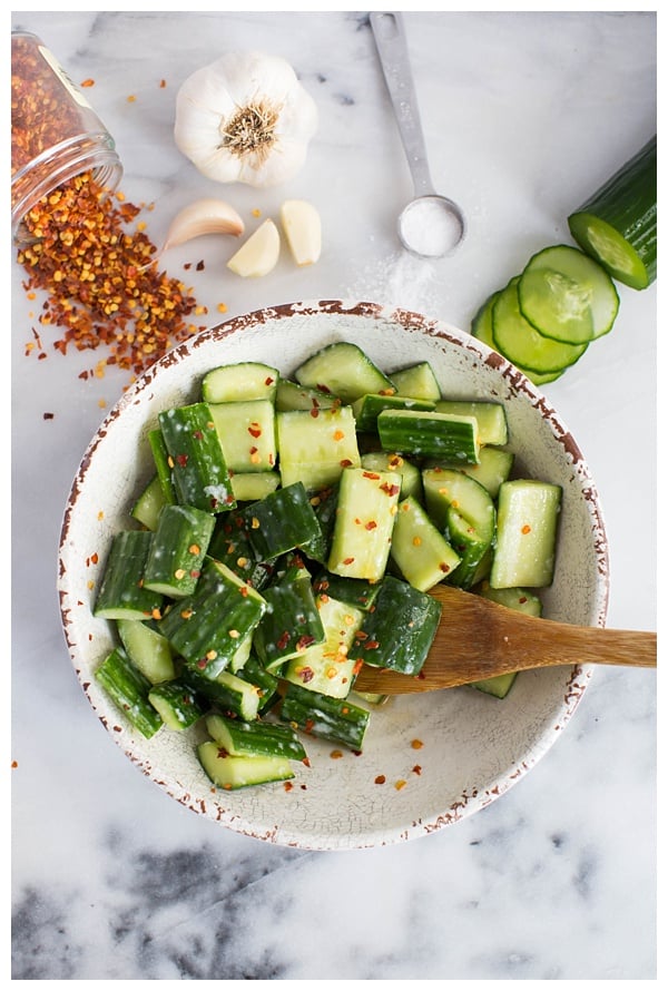 Cucumber Salad with Garlic is an easy side dish that can be thrown together with just a few ingredients. It's flavorful and healthy and can be dressed up or down for any occasion. 