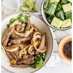 Stir-Fried Beef with Black Pepper is an easy stir-fry made with coarsely cracked black pepper, onions, and oyster sauce. Serve with rice and a cucumber salad for wonderful authentic Chinese meal!