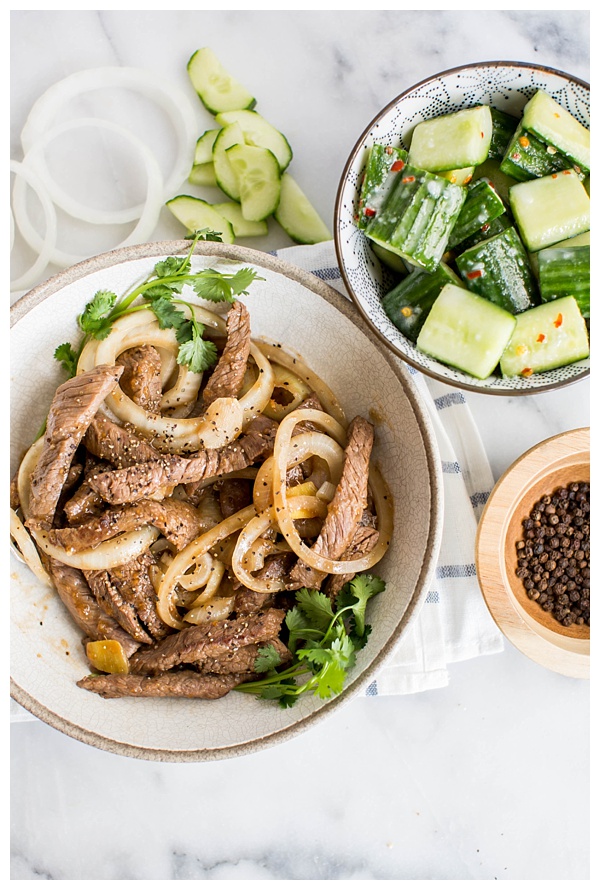 Stir-Fried Beef with Black Pepper is an easy stir-fry made with coarsely cracked black pepper, onions, and oyster sauce. Serve with rice and a cucumber salad for wonderful authentic Chinese meal! 