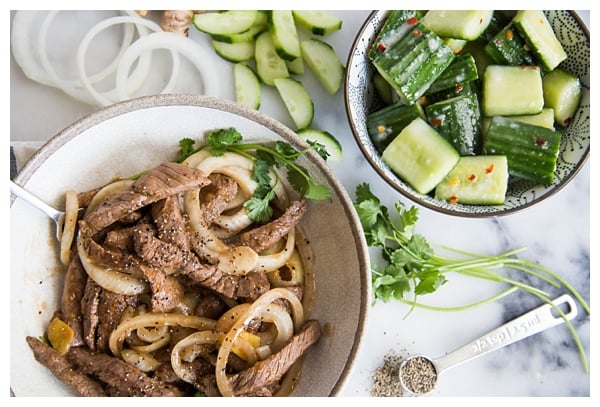 Stir-Fried Beef with Black Pepper is an easy stir-fry made with coarsely cracked black pepper, onions, and oyster sauce. Serve with rice and a cucumber salad for wonderful authentic Chinese meal!