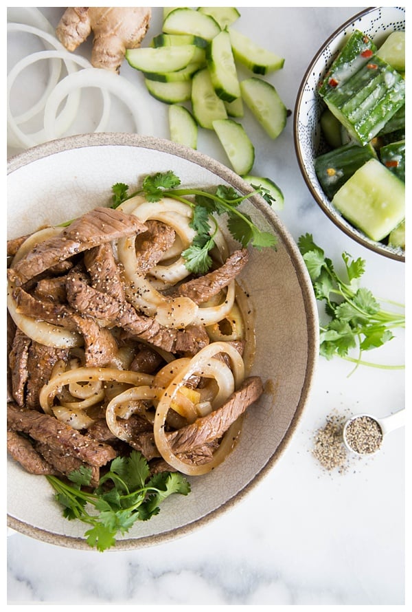 Stir-Fried Beef with Black Pepper is an easy stir-fry made with coarsely cracked black pepper, onions, and oyster sauce. Serve with rice and a cucumber salad for wonderful authentic Chinese meal! 