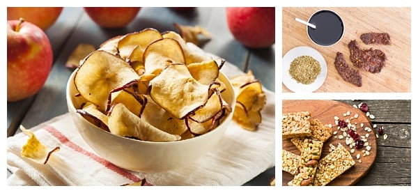 These road trip snacks are healthy and delicious. Homemade apple chips, jerky, and granola bars will fill you up while you're on the go!