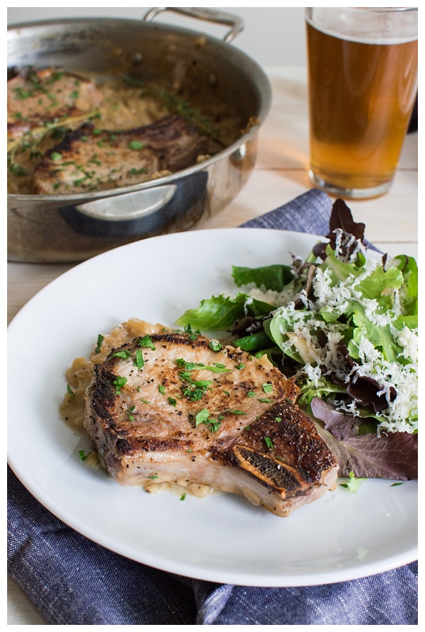 Apple Cider Marinated Pork Chops with Apple Pan Sauce -- Pork chops marinated in apple cider, seared and roasted & finished with a creamy apple pan sauce.