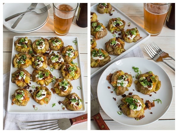 Loaded Smashed Potatoes -- crispy smashed potatoes topped with cheddar cheese, bacon, sour cream, and scallions. A fun side dish or perfect party appetizer!